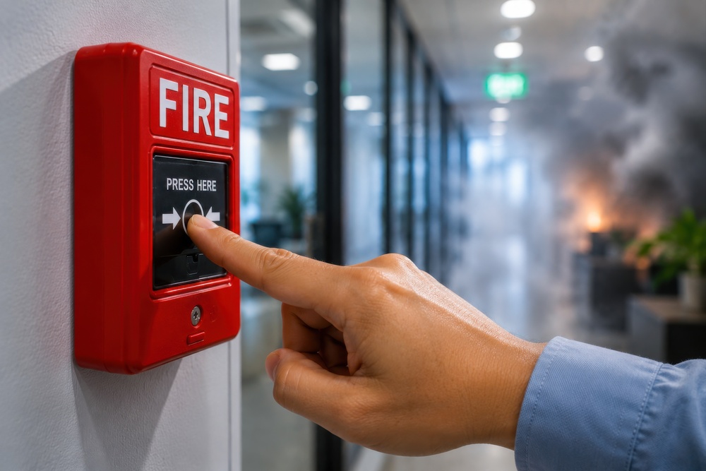 A person pressing a red fire alarm button in an office hallway with smoke visible in the background.